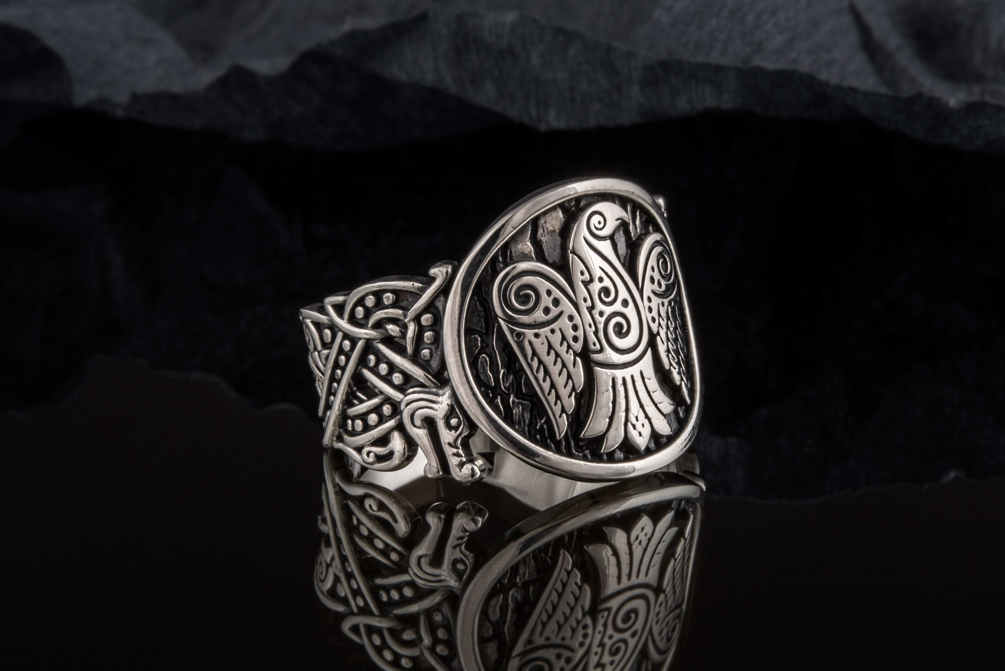 Raven Symbol with Wolf Ornament Sterling Silver Unique Ring - vikingworkshop