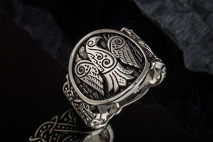 Raven Symbol with Wolf Ornament Sterling Silver Unique Ring - vikingworkshop