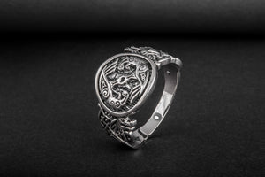 Odin Raven with Wolf Ornament Sterling Silver Viking Ring - vikingworkshop