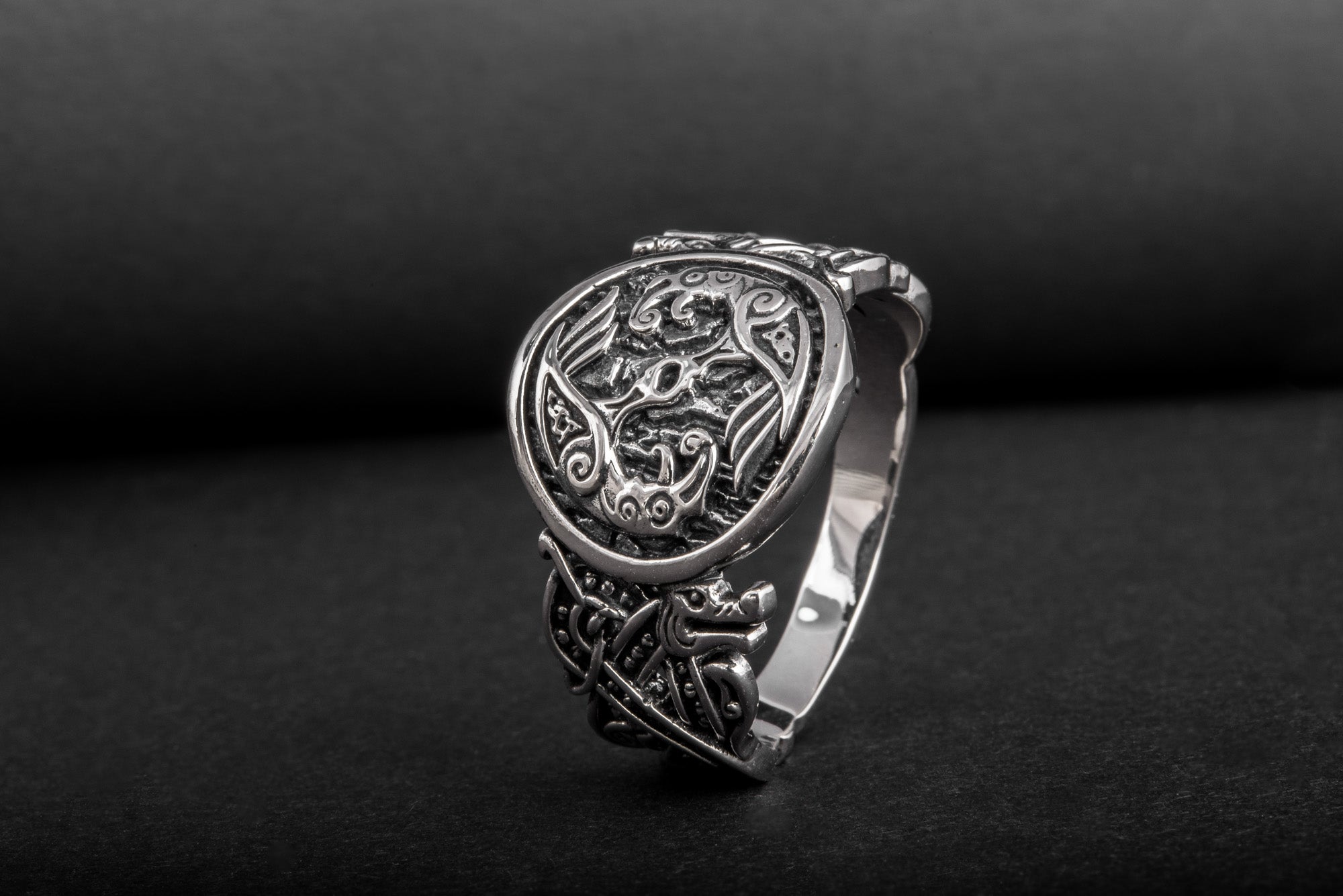 Odin Raven with Wolf Ornament Sterling Silver Viking Ring - vikingworkshop