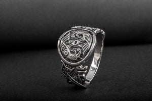 Odin Raven with Wolf Ornament Sterling Silver Viking Ring - vikingworkshop