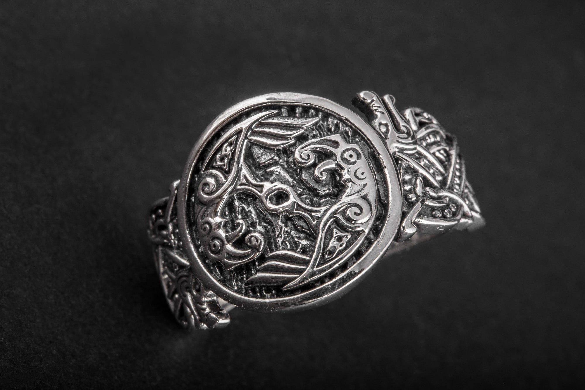 Odin Raven with Wolf Ornament Sterling Silver Viking Ring - vikingworkshop