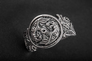 Odin Raven with Wolf Ornament Sterling Silver Viking Ring - vikingworkshop