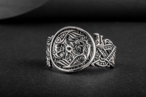 Odin Raven with Wolf Ornament Sterling Silver Viking Ring - vikingworkshop