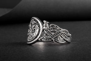 Odin Raven with Wolf Ornament Sterling Silver Viking Ring - vikingworkshop