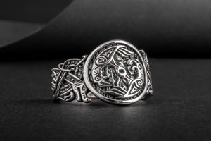 Odin Raven with Wolf Ornament Sterling Silver Viking Ring - vikingworkshop