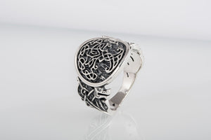 Yggdrasil Symbol with Wolf Ornament Sterling Silver Viking Ring - vikingworkshop