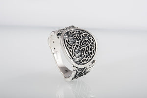 Yggdrasil Symbol with Wolf Ornament Sterling Silver Viking Ring - vikingworkshop