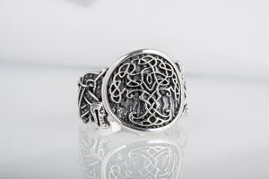 Yggdrasil Symbol with Wolf Ornament Sterling Silver Viking Ring - vikingworkshop