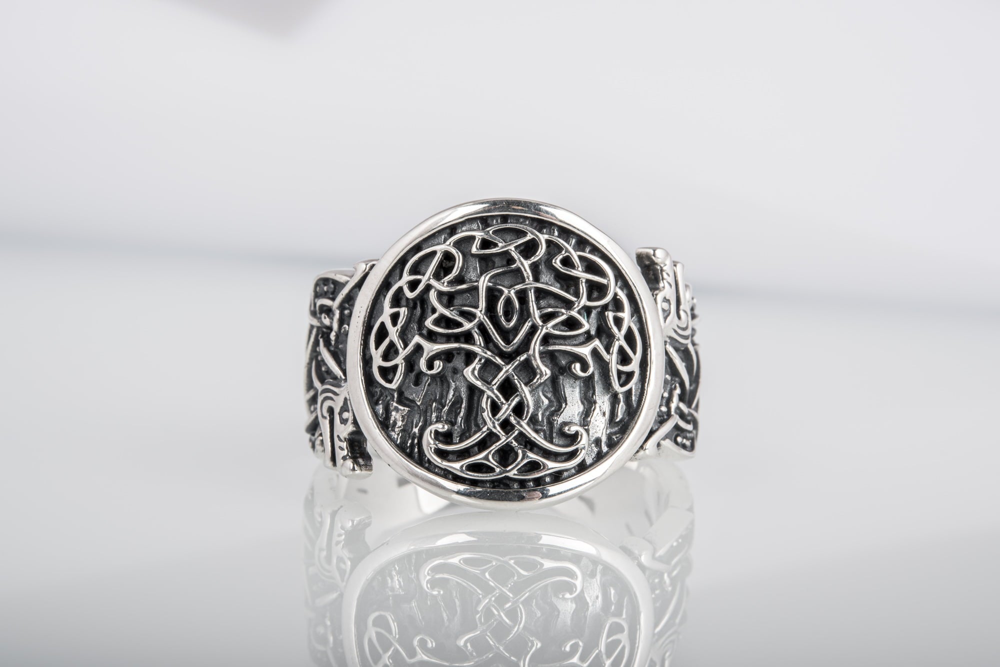 Yggdrasil Symbol with Wolf Ornament Sterling Silver Viking Ring - vikingworkshop