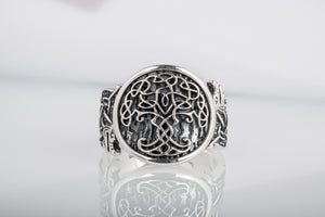 Yggdrasil Symbol with Wolf Ornament Sterling Silver Viking Ring - vikingworkshop