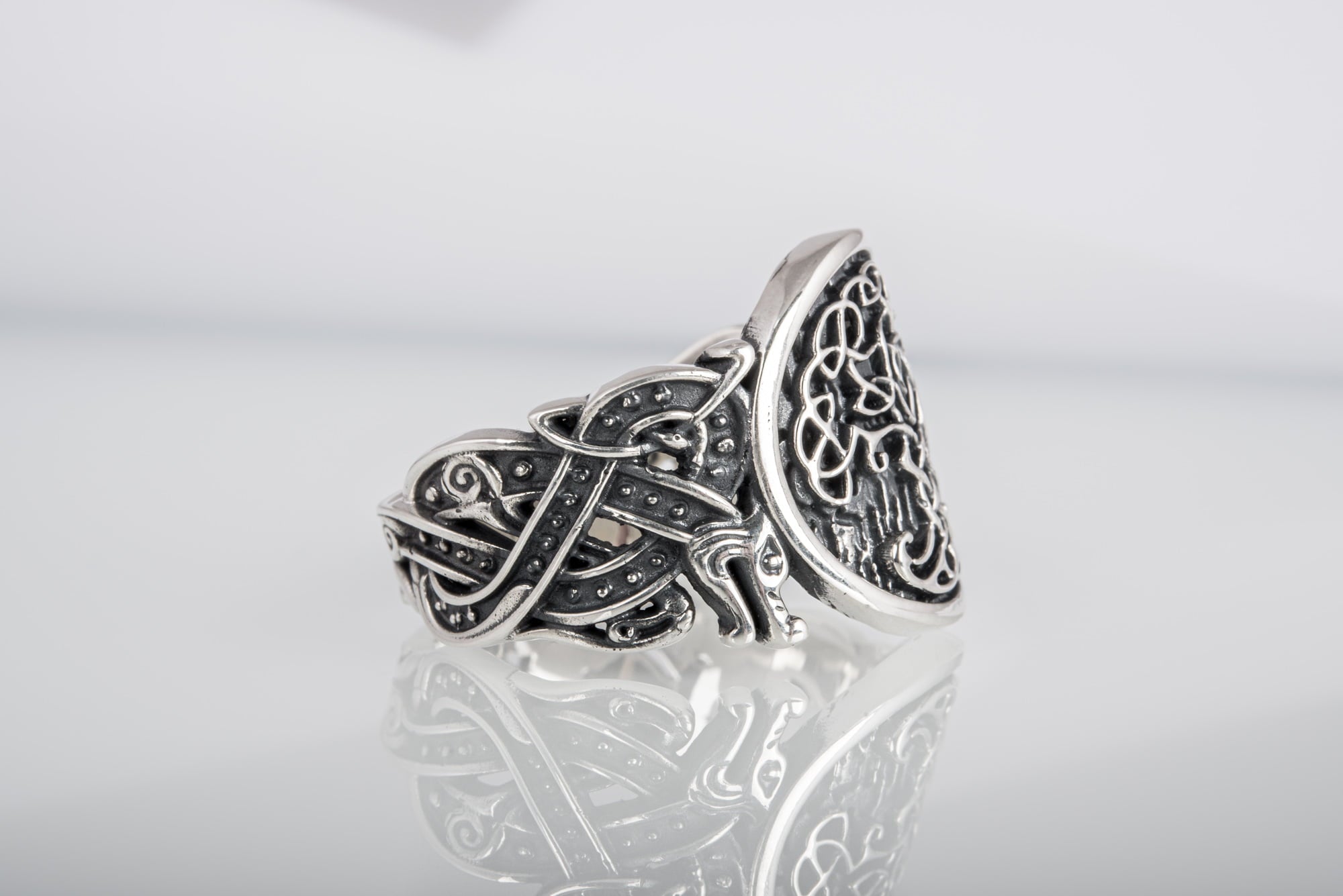 Yggdrasil Symbol with Wolf Ornament Sterling Silver Viking Ring - vikingworkshop