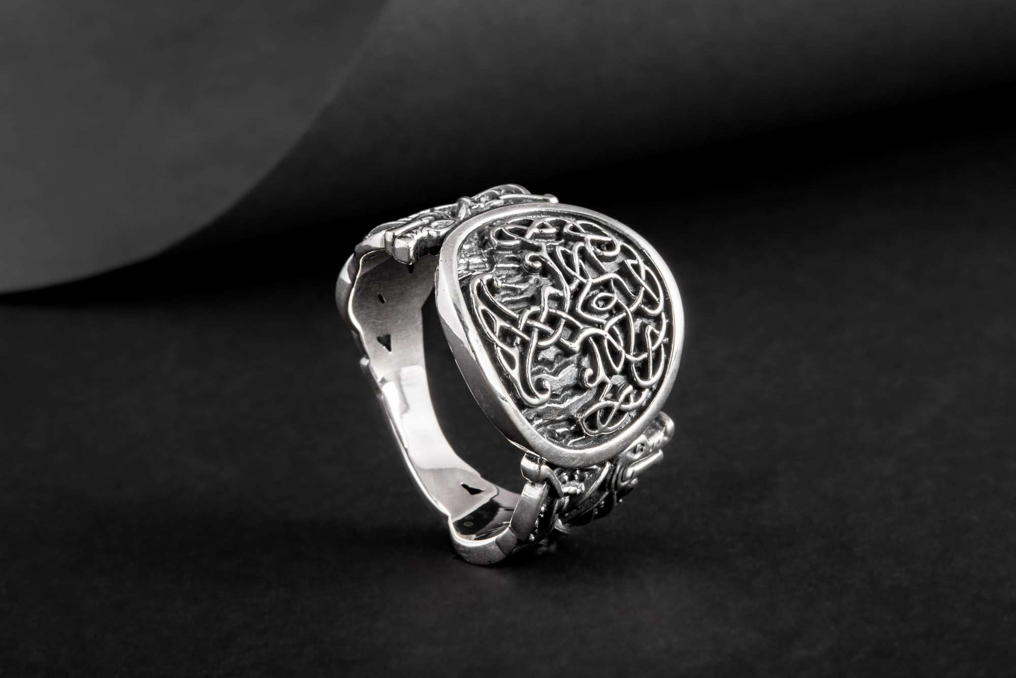 Yggdrasil Symbol with Wolf Ornament Sterling Silver Viking Ring - vikingworkshop