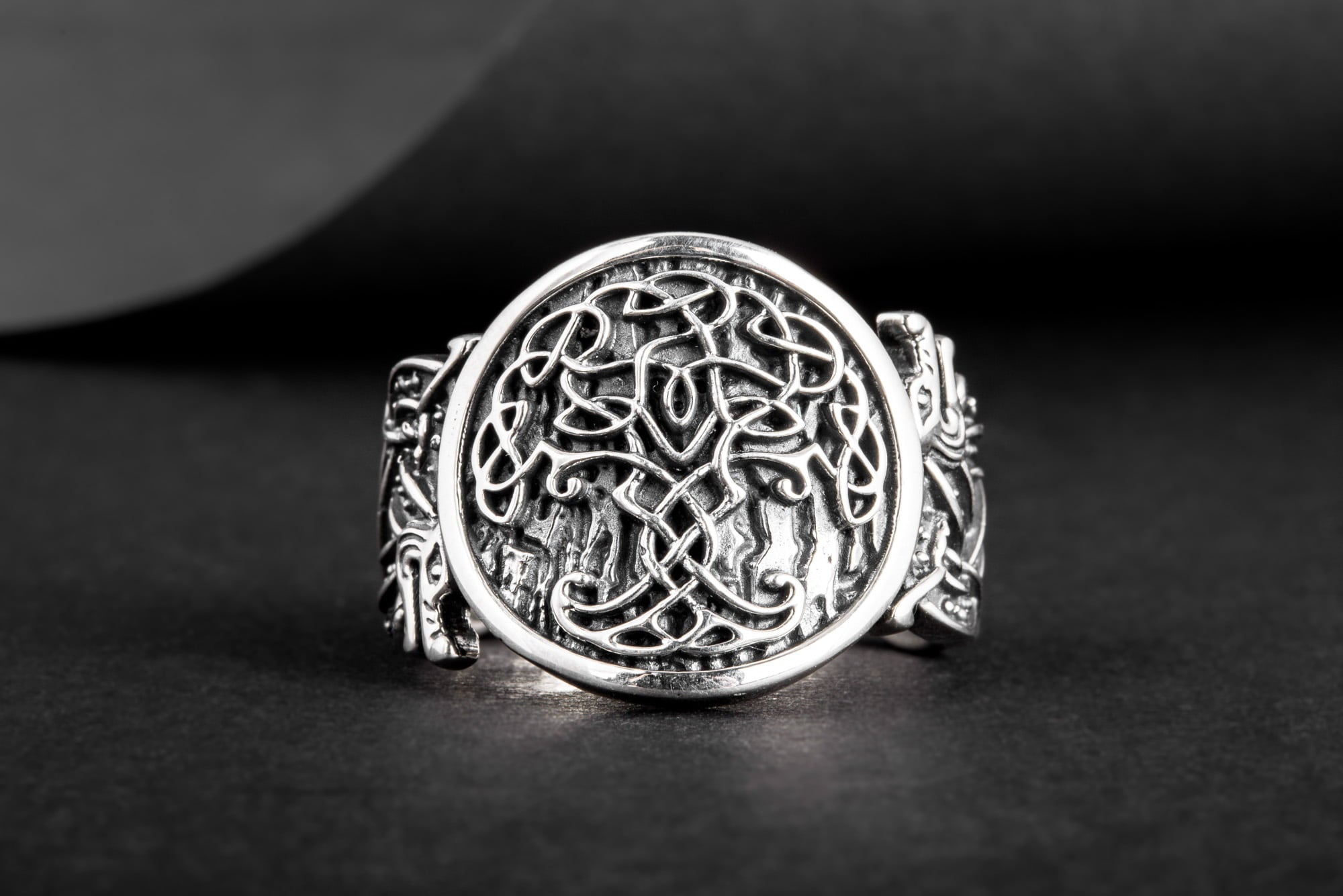 Yggdrasil Symbol with Wolf Ornament Sterling Silver Viking Ring - vikingworkshop