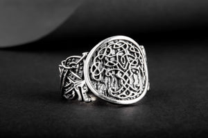 Yggdrasil Symbol with Wolf Ornament Sterling Silver Viking Ring - vikingworkshop