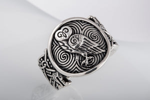 Owl Symbol with Wolf Ornament Ring Sterling Silver Unique Jewelry - vikingworkshop