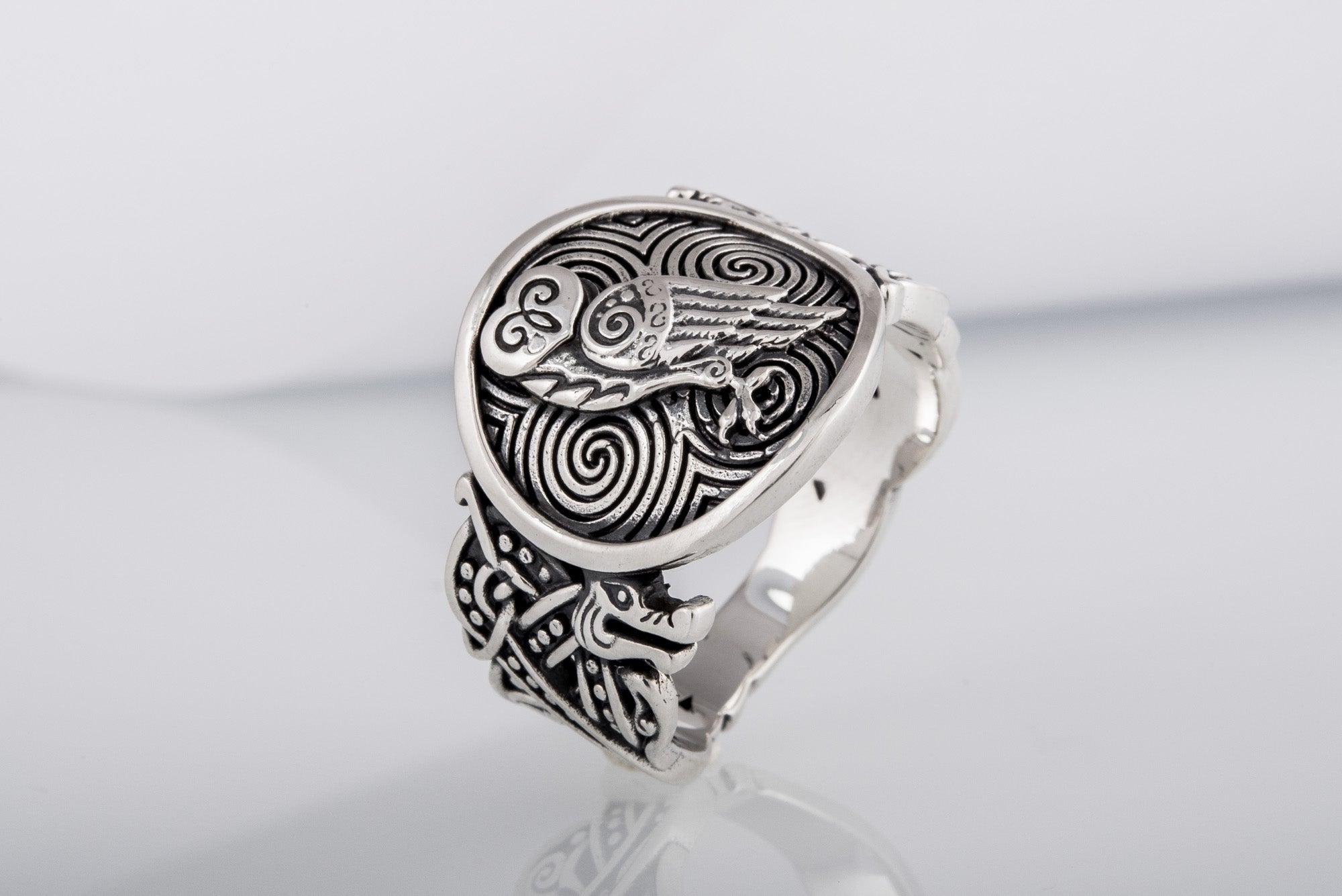 Owl Symbol with Wolf Ornament Ring Sterling Silver Unique Jewelry - vikingworkshop