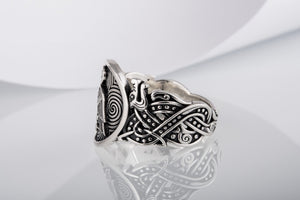 Owl Symbol with Wolf Ornament Ring Sterling Silver Unique Jewelry - vikingworkshop