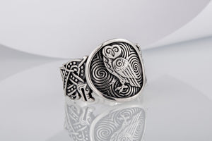 Owl Symbol with Wolf Ornament Ring Sterling Silver Unique Jewelry - vikingworkshop