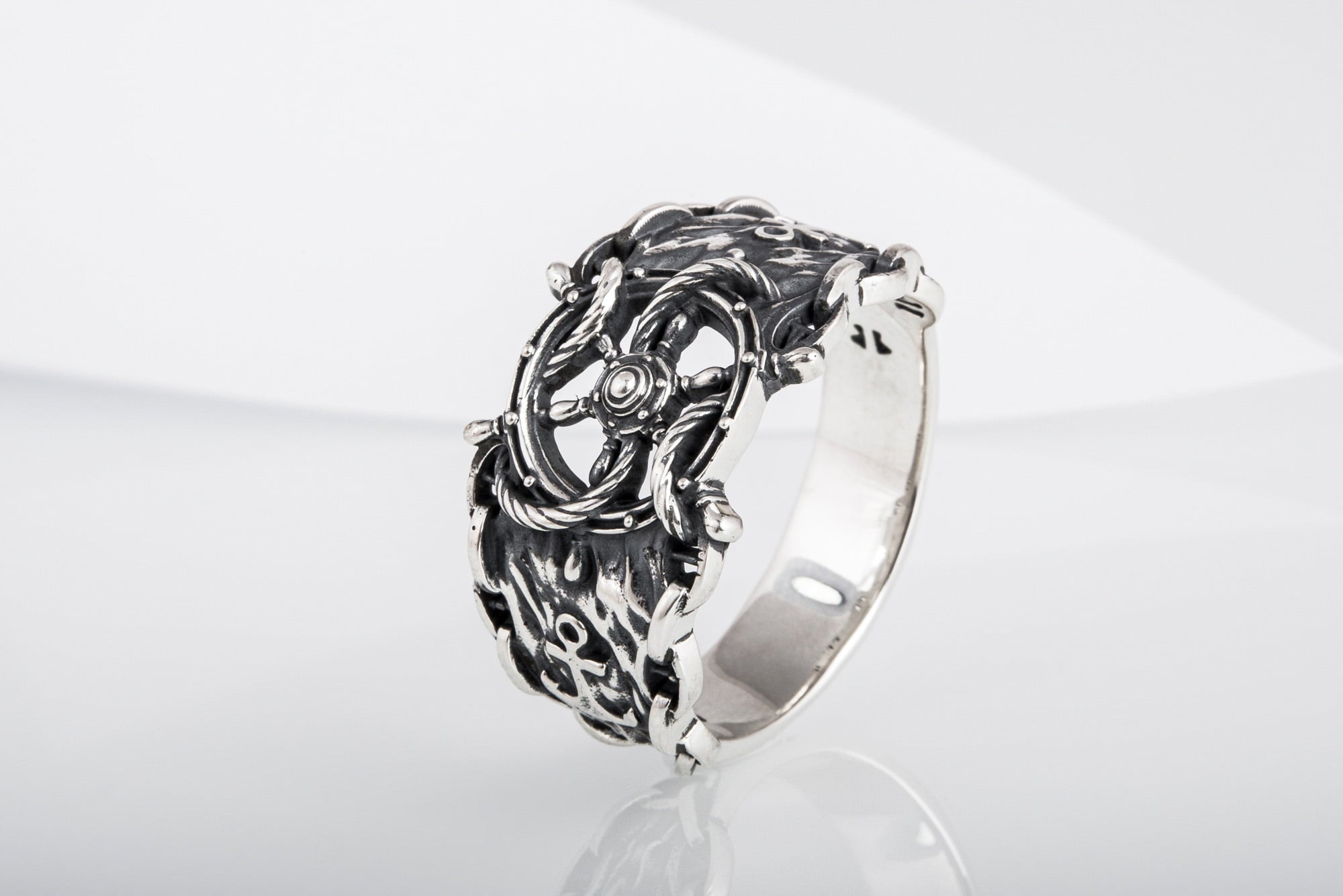 Ship Steering Wheel Symbol Ring with Anchor and Chain Sterling Silver Unique Jewelry - vikingworkshop