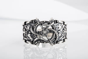 Ship Steering Wheel Symbol Ring with Anchor and Chain Sterling Silver Unique Jewelry - vikingworkshop