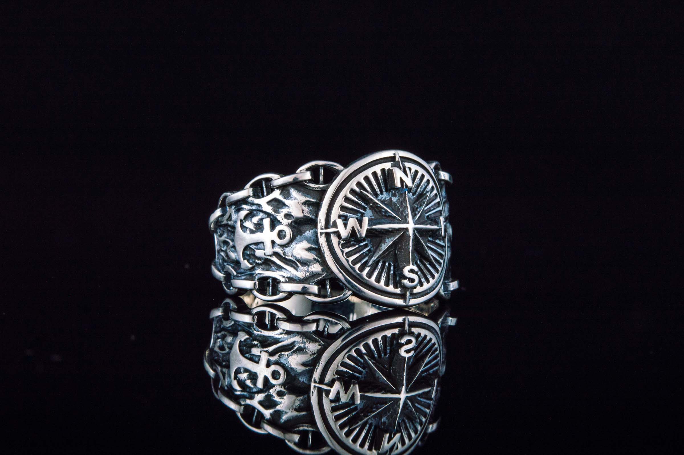 Compass Symbol with Anchor and Chain Sterling Silver Unique Ring - vikingworkshop