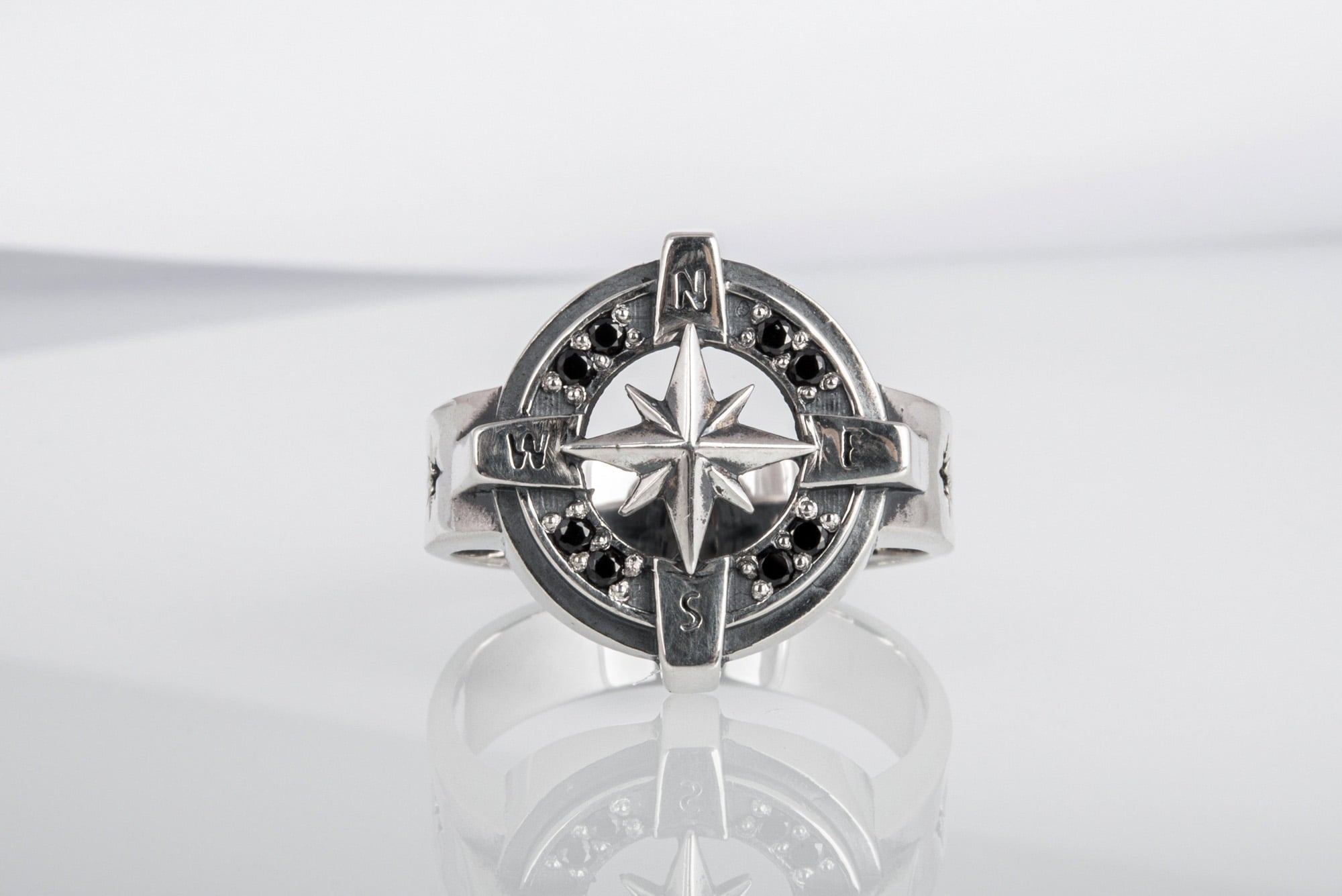 Compass Symbol Ring with Black Gem Sterling Silver Unique Jewelry - vikingworkshop