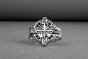 Compass Symbol Ring with Black Gem Sterling Silver Unique Jewelry - vikingworkshop