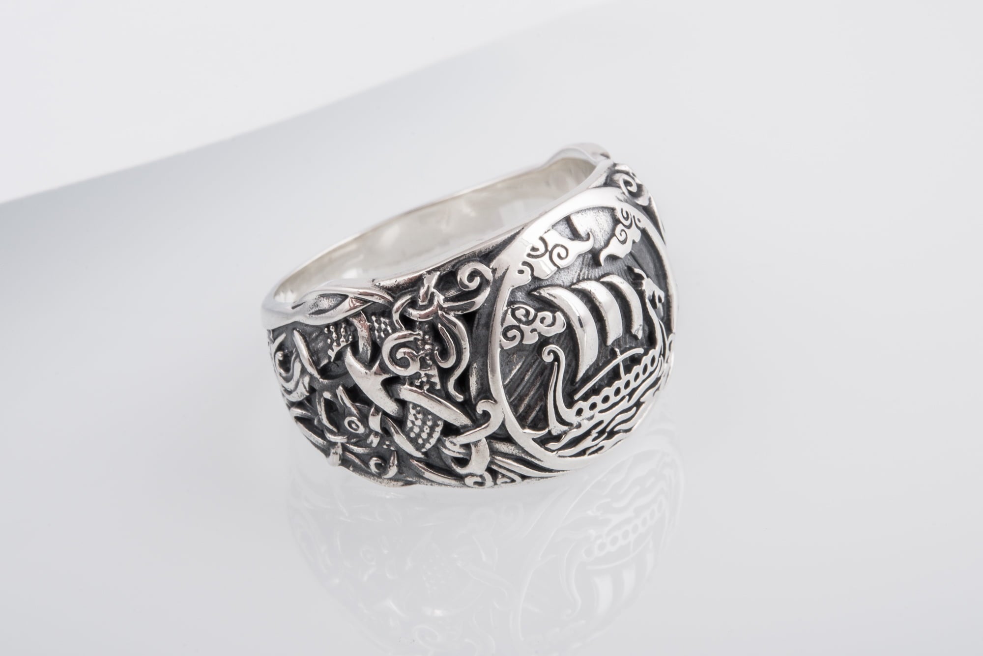 Drakkar Symbol Ring with Mammen Ornament Sterling Silver Viking Jewelry - vikingworkshop