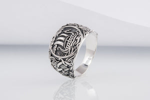 Drakkar Symbol Ring with Mammen Ornament Sterling Silver Viking Jewelry - vikingworkshop