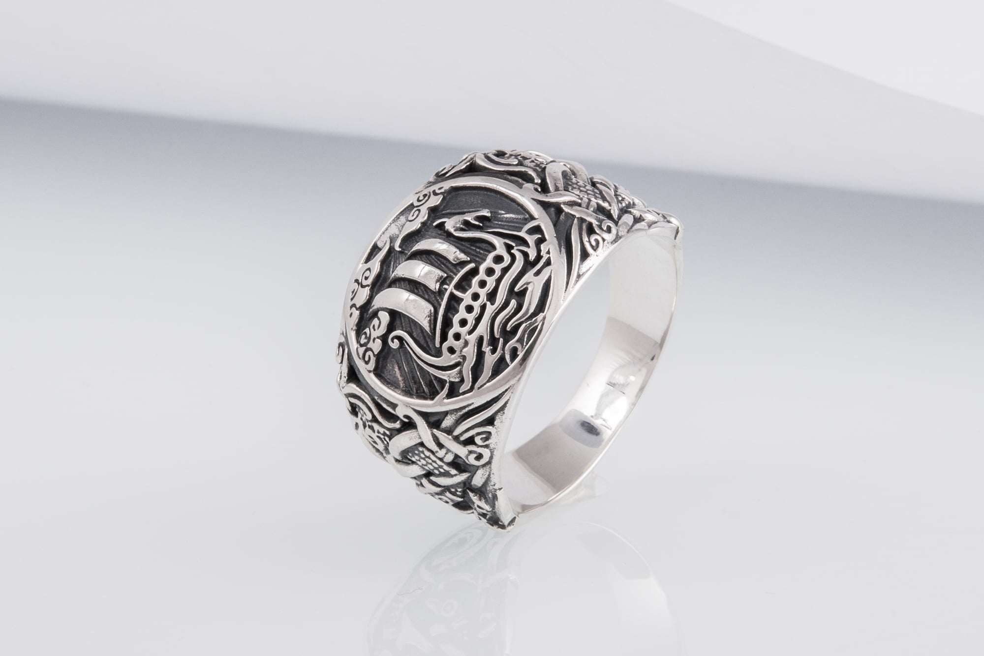 Drakkar Symbol Ring with Mammen Ornament Sterling Silver Viking Jewelry - vikingworkshop