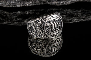 Drakkar Symbol Ring with Mammen Ornament Sterling Silver Viking Jewelry - vikingworkshop