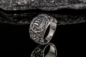 Drakkar Symbol Ring with Mammen Ornament Sterling Silver Viking Jewelry - vikingworkshop