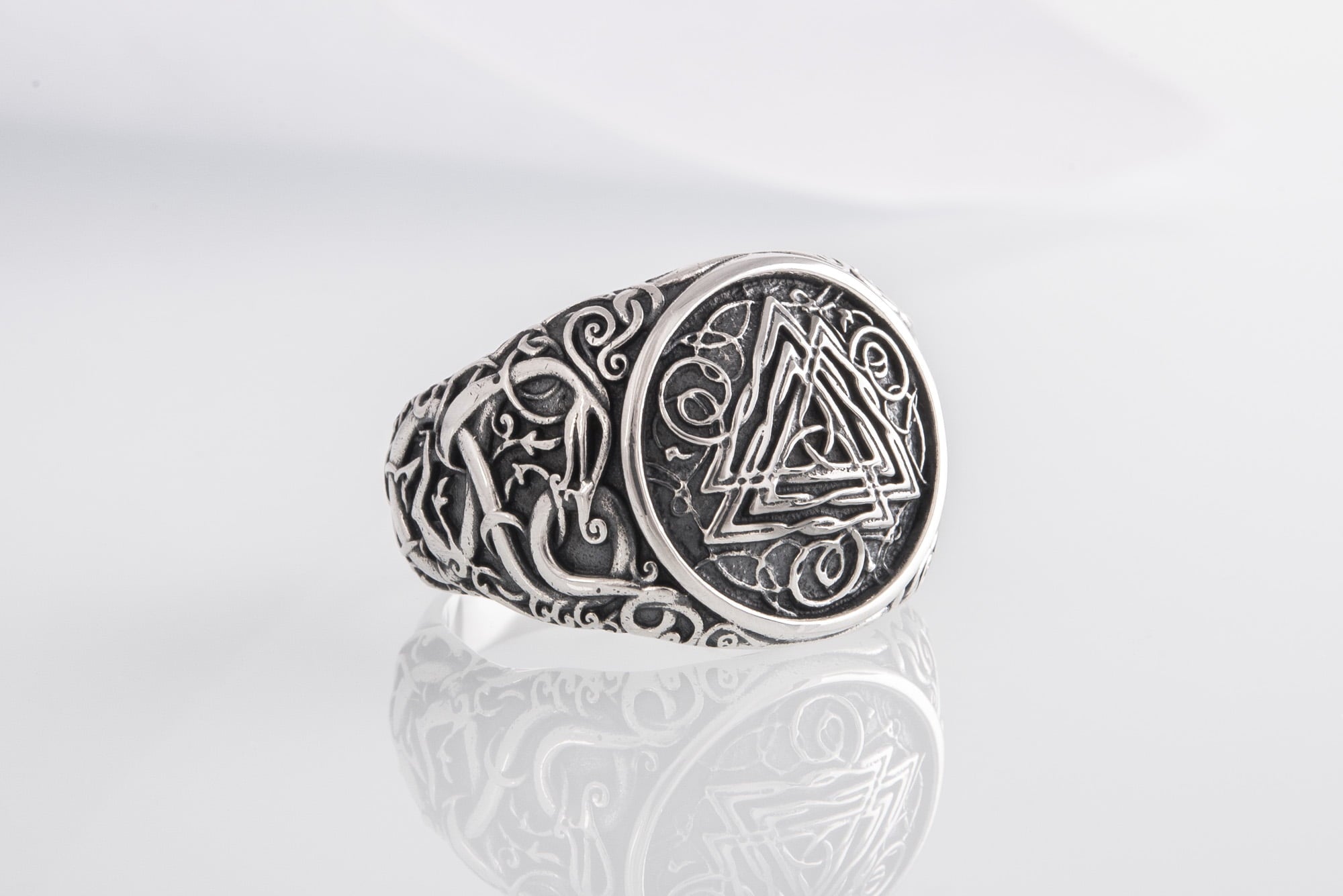 Valknut Symbol Ring with Urnes Style Sterling Silver Viking Jewelry - vikingworkshop