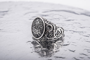 Valknut Symbol Ring with Urnes Style Sterling Silver Viking Jewelry - vikingworkshop