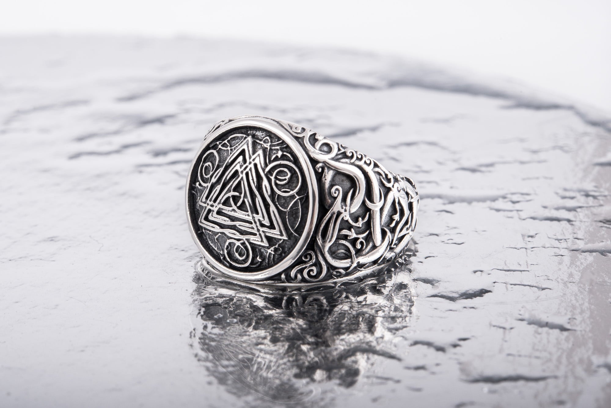 Valknut Symbol Ring with Urnes Style Sterling Silver Viking Jewelry - vikingworkshop