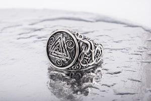 Valknut Symbol Ring with Urnes Style Sterling Silver Viking Jewelry - vikingworkshop