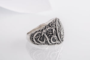 Valknut Symbol Ring with Urnes Style Sterling Silver Viking Jewelry - vikingworkshop