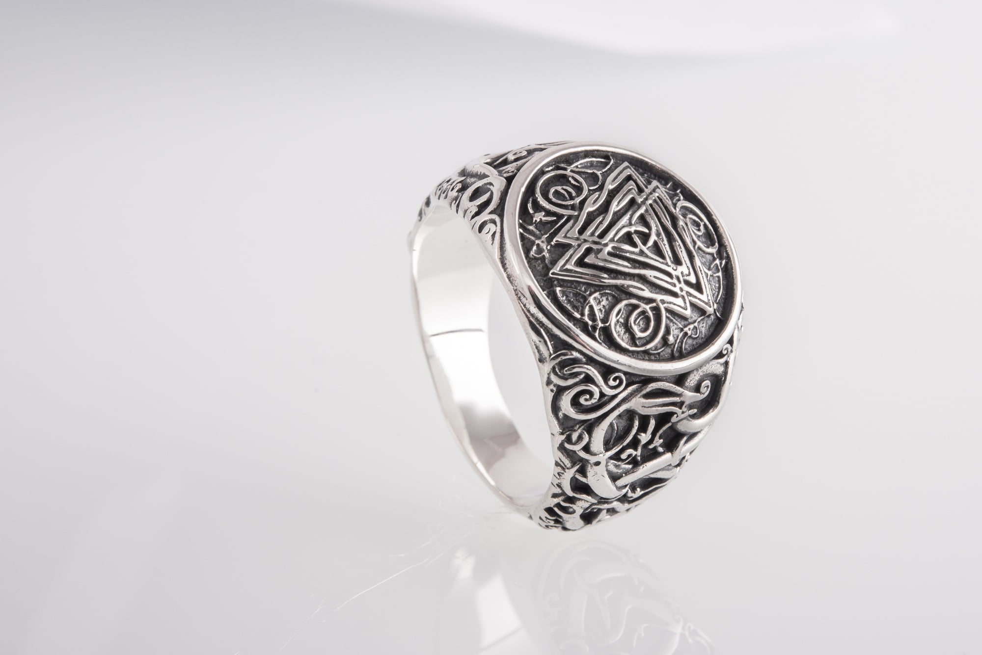 Valknut Symbol Ring with Urnes Style Sterling Silver Viking Jewelry - vikingworkshop