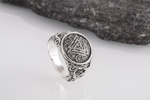 Valknut Symbol Ring with Urnes Style Sterling Silver Viking Jewelry - vikingworkshop