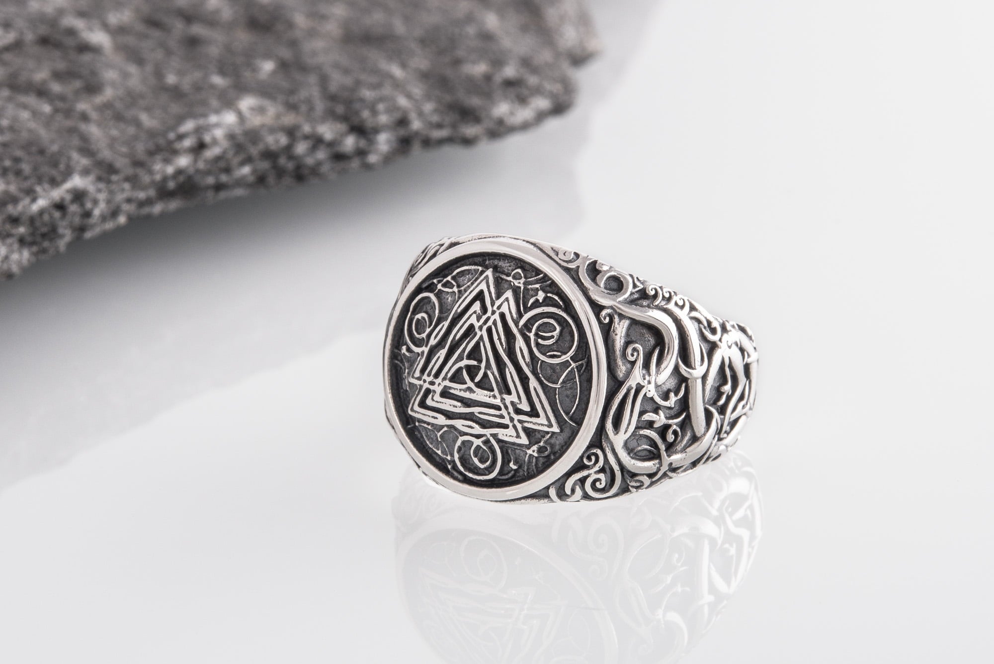 Valknut Symbol Ring with Urnes Style Sterling Silver Viking Jewelry - vikingworkshop