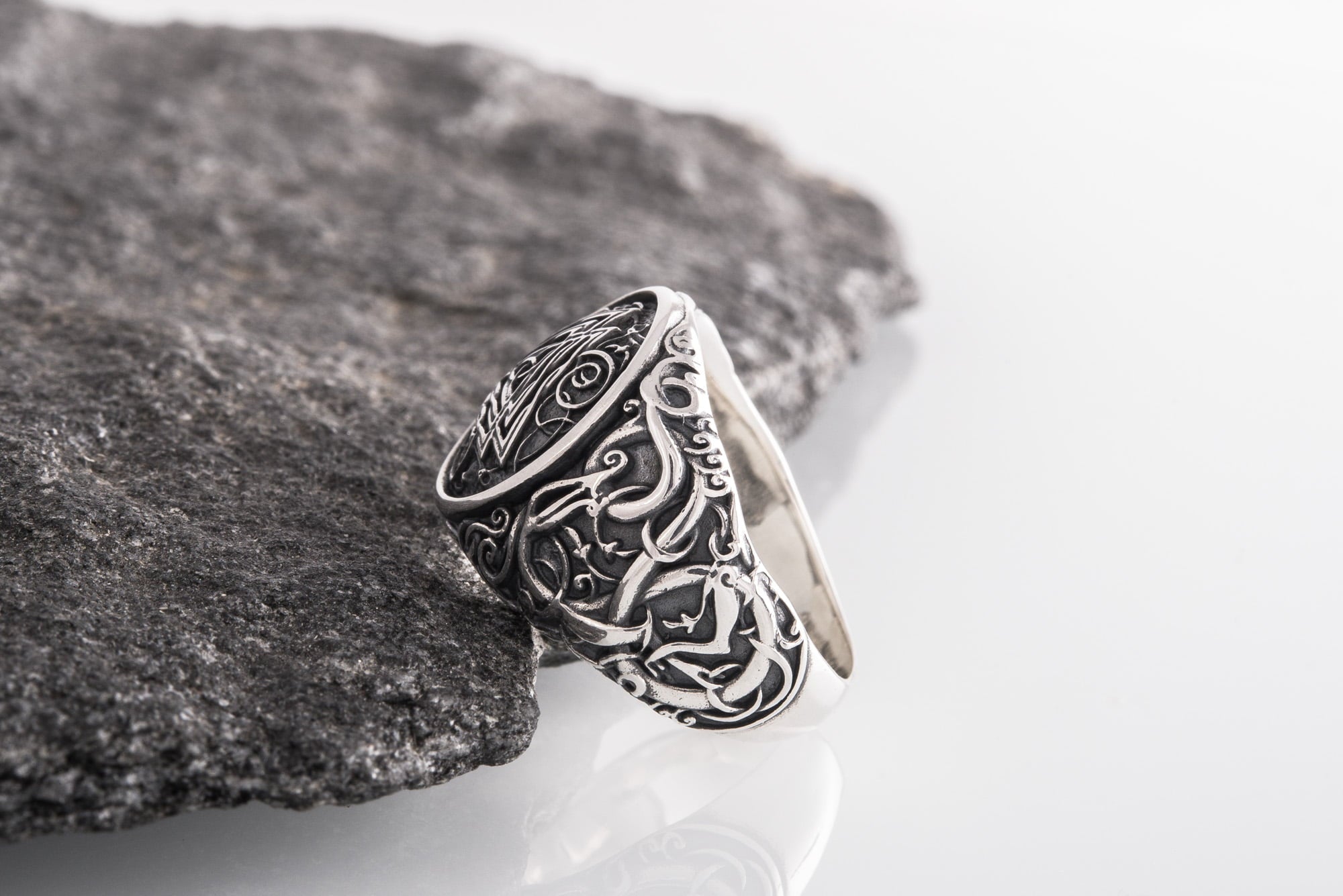 Valknut Symbol Ring with Urnes Style Sterling Silver Viking Jewelry - vikingworkshop