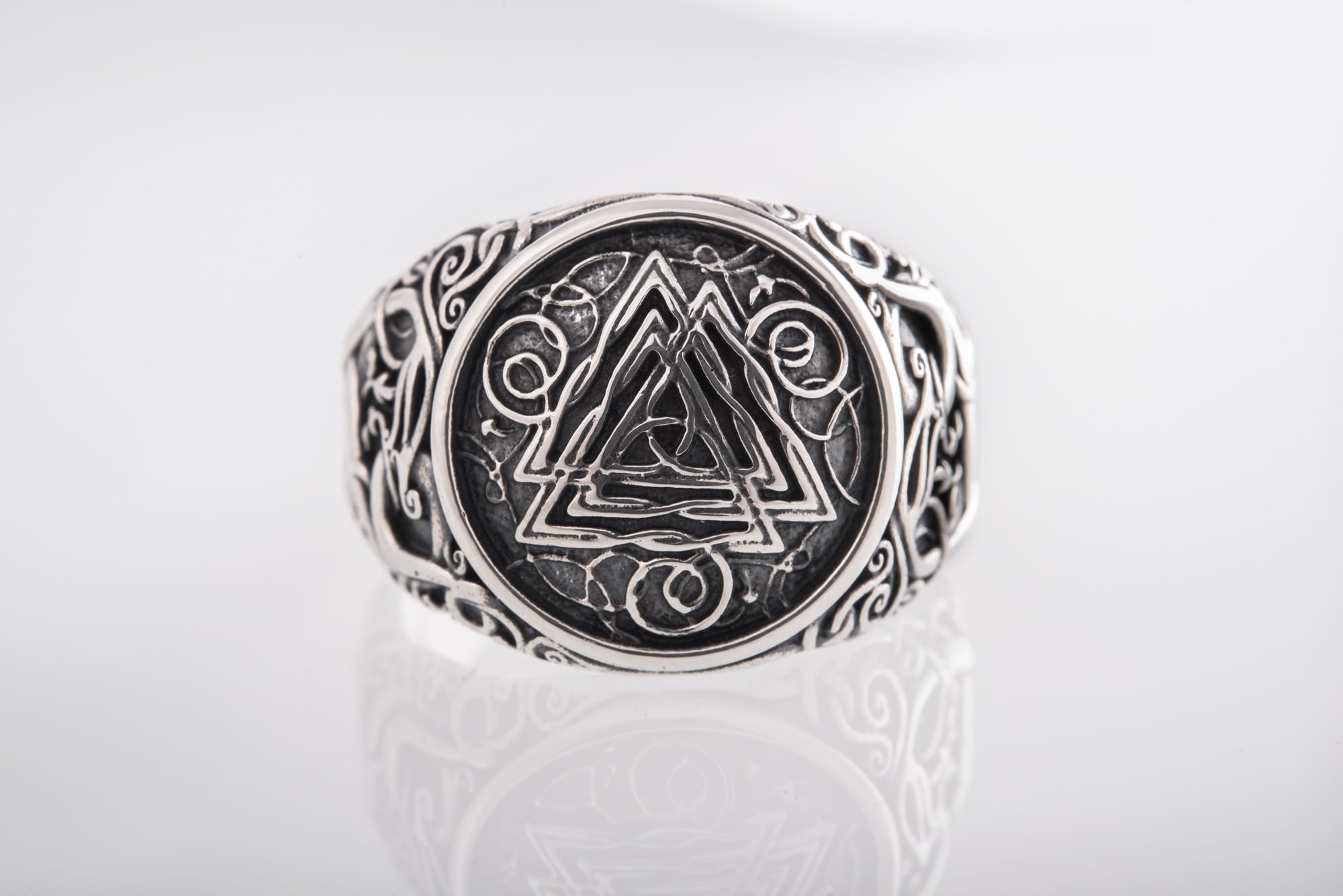 Valknut Symbol Ring with Urnes Style Sterling Silver Viking Jewelry - vikingworkshop