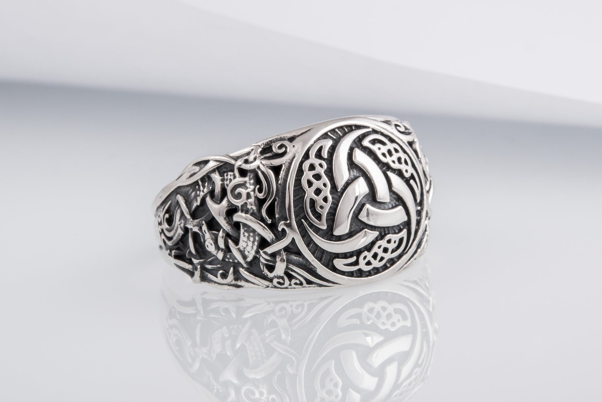 Odin Horn Symbol Ring with Mammen Ornament Sterling Silver Viking Jewelry - vikingworkshop