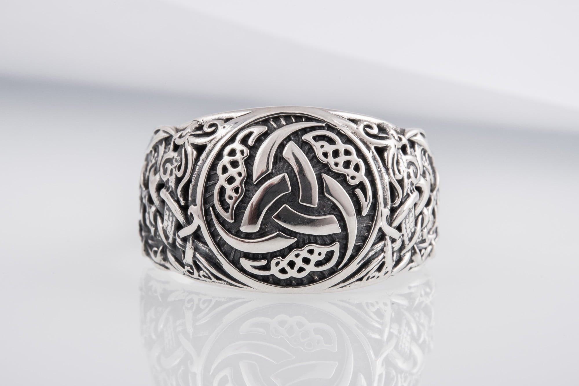 Odin Horn Symbol Ring with Mammen Ornament Sterling Silver Viking Jewelry - vikingworkshop