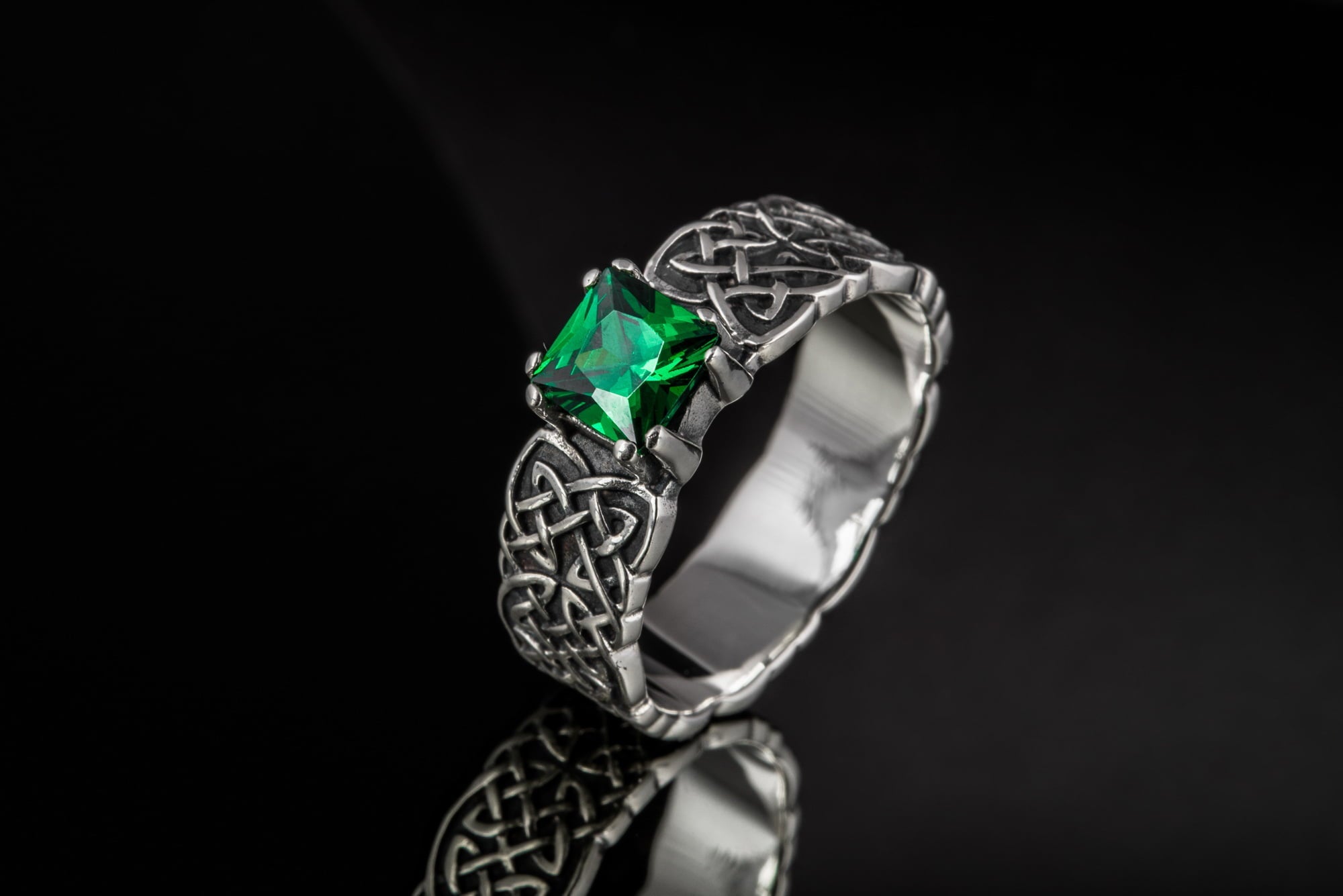 Norse Ornament Ring with Green Cubic Zirconia Sterling Silver Handmade Jewelry - vikingworkshop