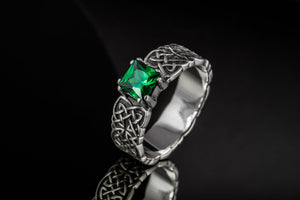 Norse Ornament Ring with Green Cubic Zirconia Sterling Silver Handmade Jewelry - vikingworkshop