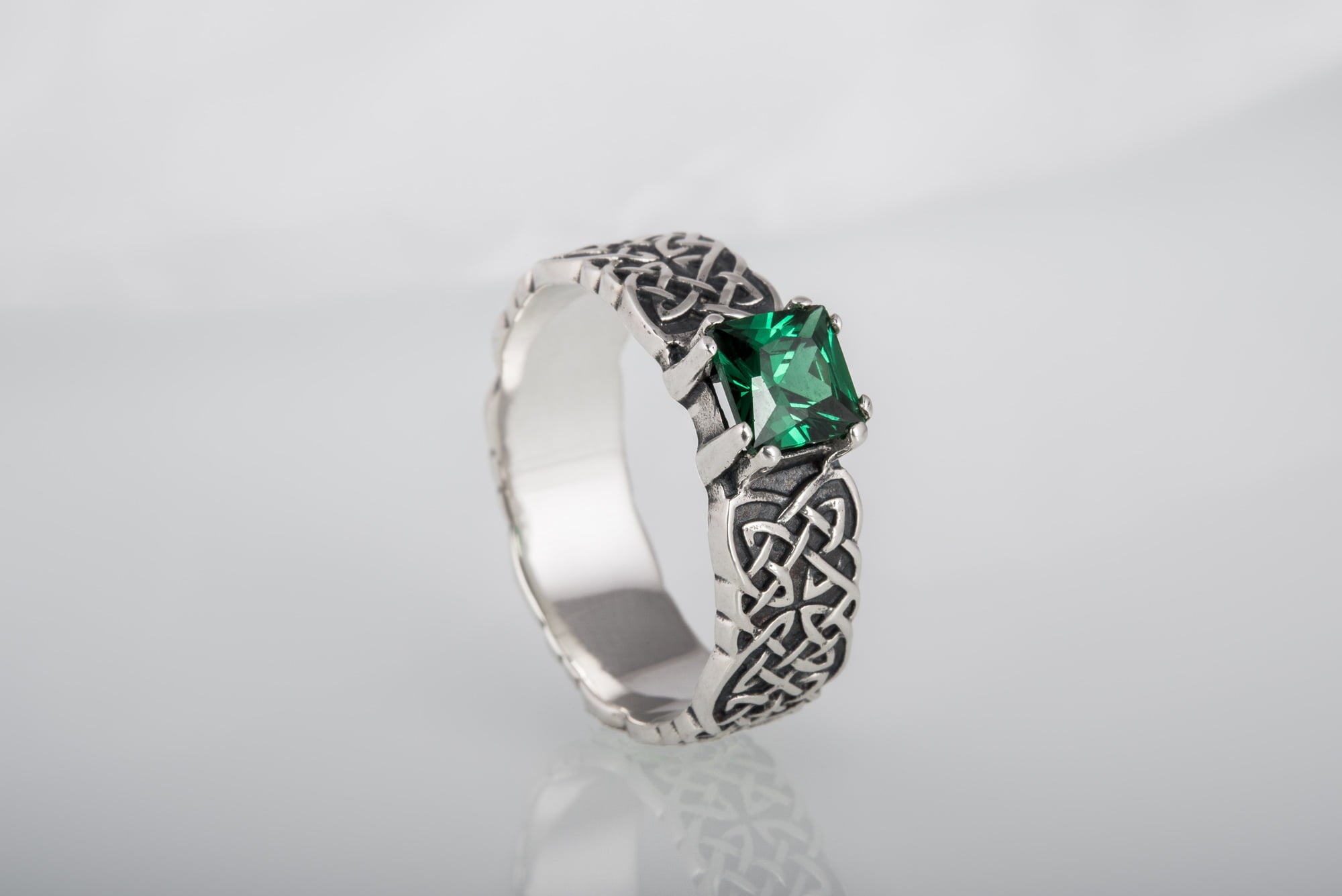 Norse Ornament Ring with Green Cubic Zirconia Sterling Silver Handmade Jewelry - vikingworkshop