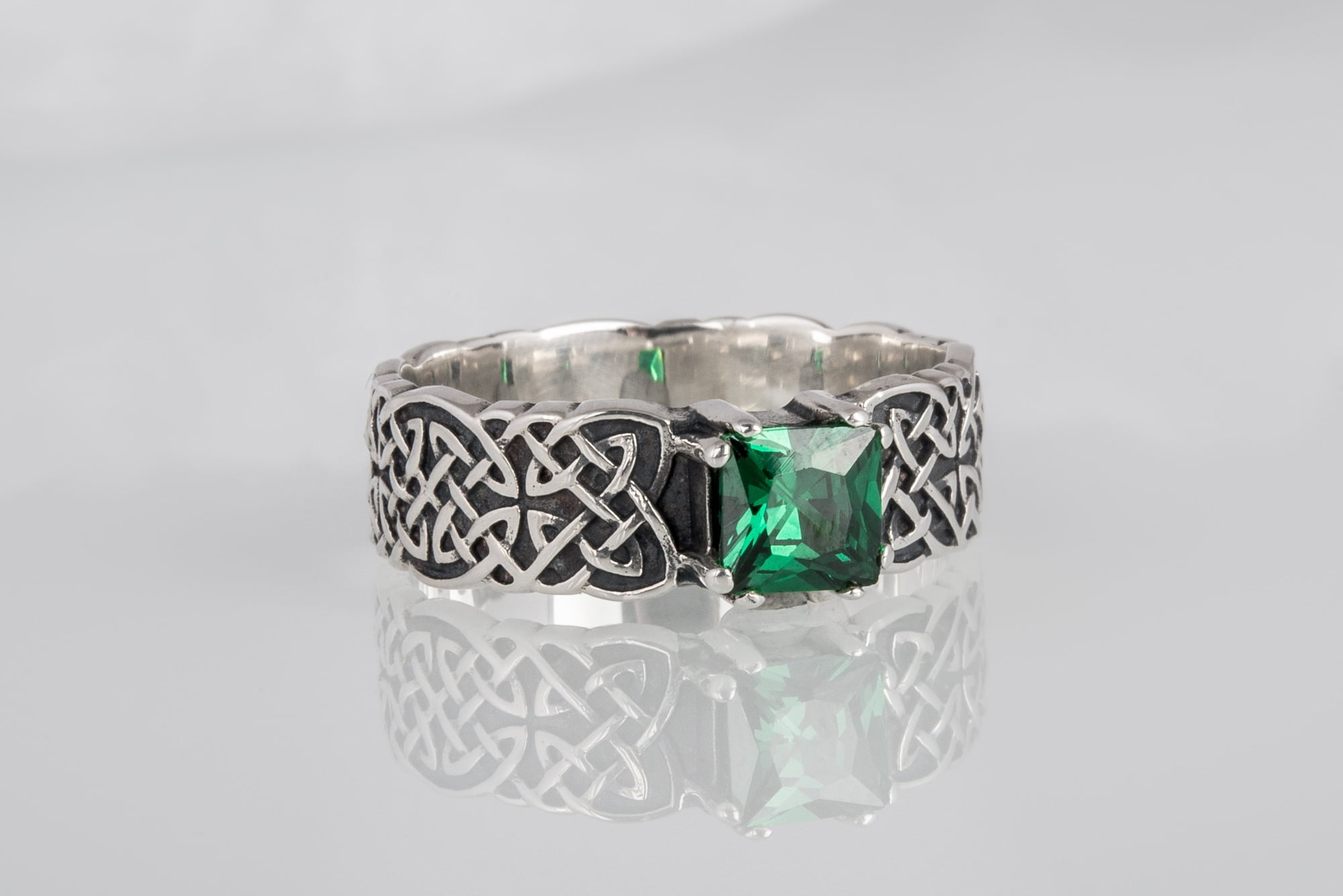 Norse Ornament Ring with Green Cubic Zirconia Sterling Silver Handmade Jewelry - vikingworkshop