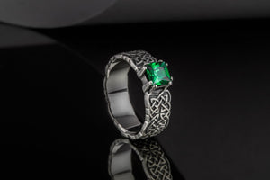 Norse Ornament Ring with Green Cubic Zirconia Sterling Silver Handmade Jewelry - vikingworkshop